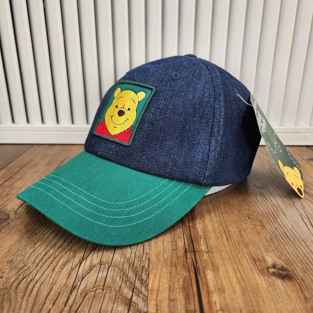 Disney Parks Winnie The Pooh Denim Patch Hat Blue Green Cartoon Strapback Cap